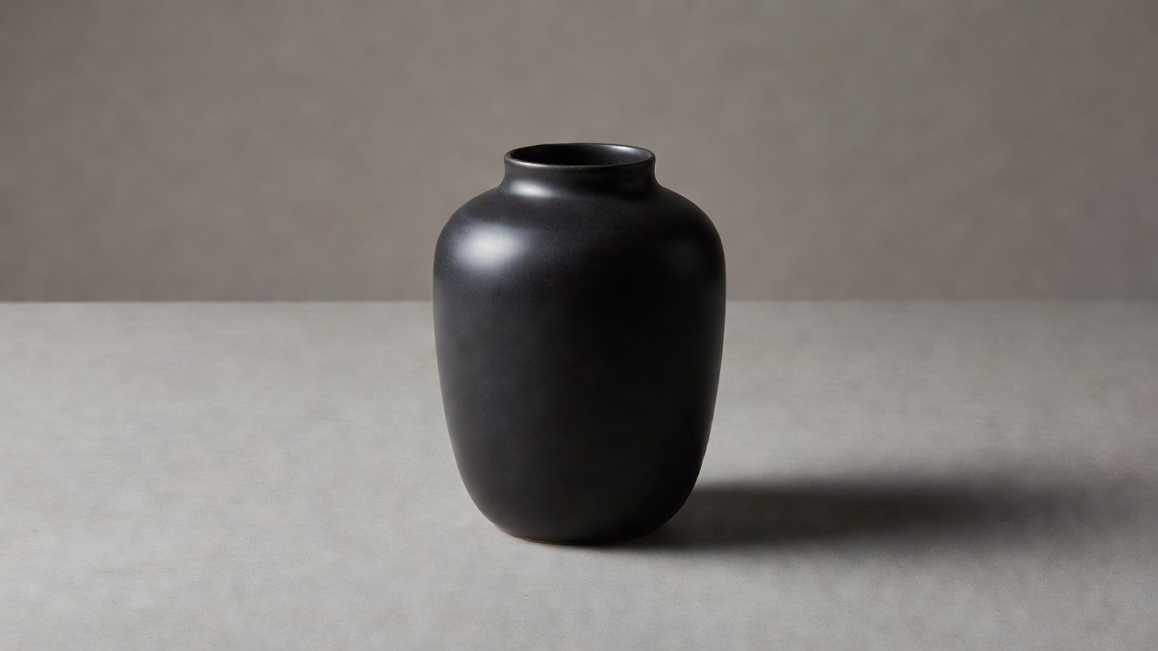 Dark ceramic vessel with a narrow controlled highlight and a soft shadow on a plain surface