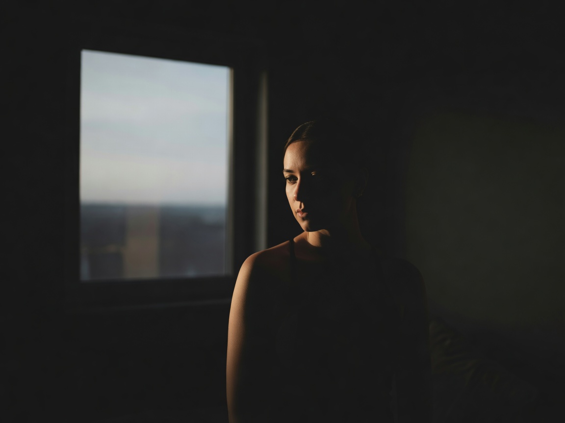 Portrait lit from one side by a large window with a gradual transition into shadow